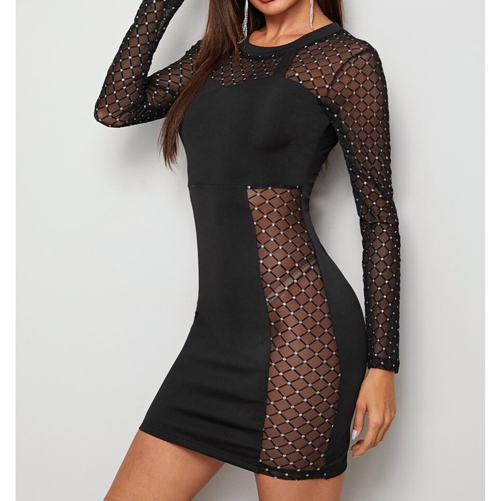 Black Mesh Geometric Panels Bodycon Sexy Dress - Picture 4 of 6